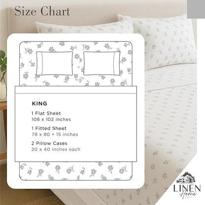 Linen Home 100% Cotton Printed Percale Sheets King Size, Deep Pocket, 4 Pieces Set - 1 Flat, 1 Deep Pocket Fitted Sheet and 2 Pillowcases, Crisp Cool and Strong Bed Linen, Grey Silhouette Floral