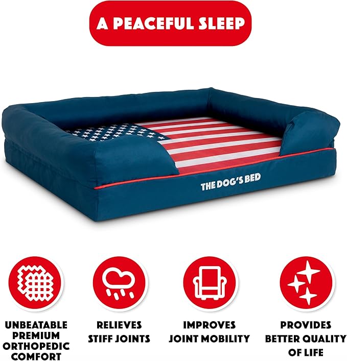 The Dog’s Bed, Large Blue Oxford with Red Trim USA Flag Dog Bed with Central Flag 36x27 Memory Foam, Pain Relief: Arthritis, Post Surgery,Waterproof Washable Cover, Veterinary Approved-Mewly Pet