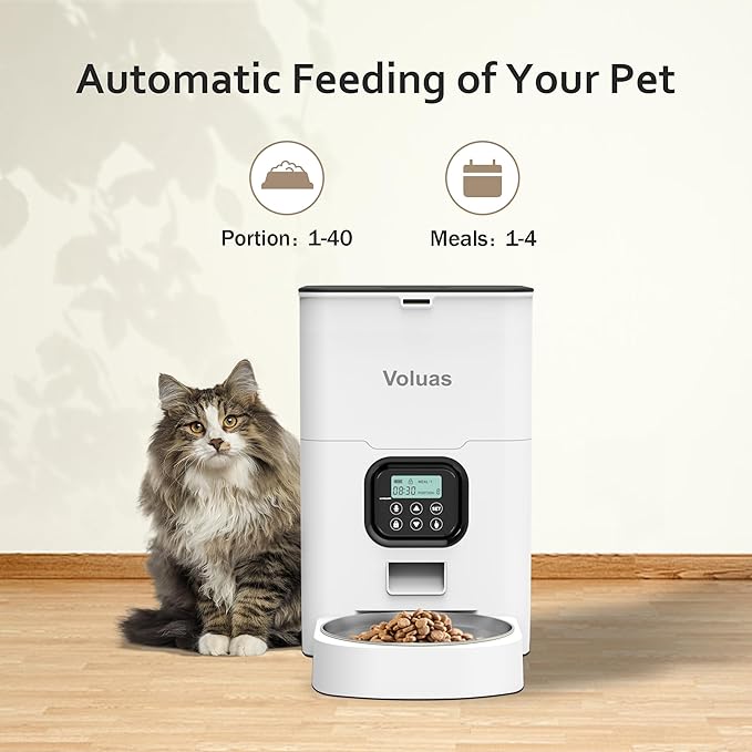 VOLUAS Automatic Cat Feeders - Pet Food Dispenser for Dry Food, Timed Cat Feeder with Desiccant Bag, Programmable Portion Size Control 4 Meals Per Day, 10s Voice Recorder-Mewly Pet