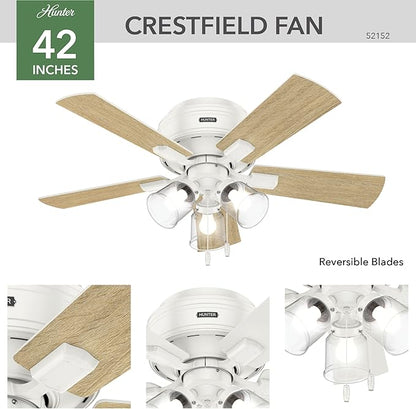 Hunter Fan Company 52152, 42 inch Crestfield Fresh White Low Profile Flush Mount Ceiling Fan with Lights LED and Pull Chain