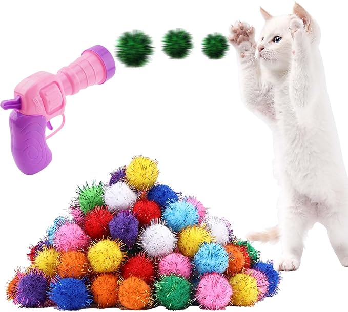102Pcs Cat Toy Gun Launcher - 100 Sparkle Pom Pom Balls and 2 Ball Launchers, Interactive Fetch Toy Shooter for Indoor Cats and Kitty-Mewly Pet