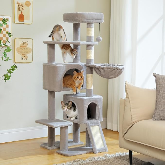 PAWZ Road Cat Tree, 51.6 Inches Cat Tower with Dual Condos, Spacious Perch, Cozy Basket and Sisal-Covered Scratching Posts for Indoor Cats- Gray-Mewly Pet