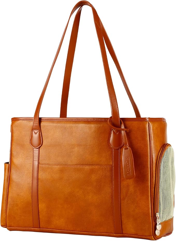 Stylish Dog Purse Carrier, Leather Pet Carrier Bag for Small Dogs Cats Puppy, Airline Approved Soft-Sided Carrier Brown-Mewly Pet
