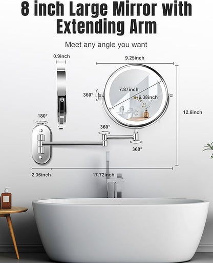 Wall Mounted Makeup Mirror with Light, 20X/1X 8'' Double Sided LED Magnifying Bathroom Lighted Vanity Mirror with Magnification, 3 Color Light up Touch Dimmable Extended Arm 360 Rotation