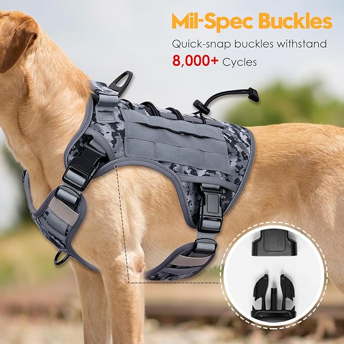Heavy-Duty Tactical Dog Harness for Large Dogs, No Pull Adjustable Reflective Pet Vest with Molle System, K9 Military-Grade Control for Service Training, Outdoor & 10+ Breeds, Gray Camo, Large-Mewly Pet
