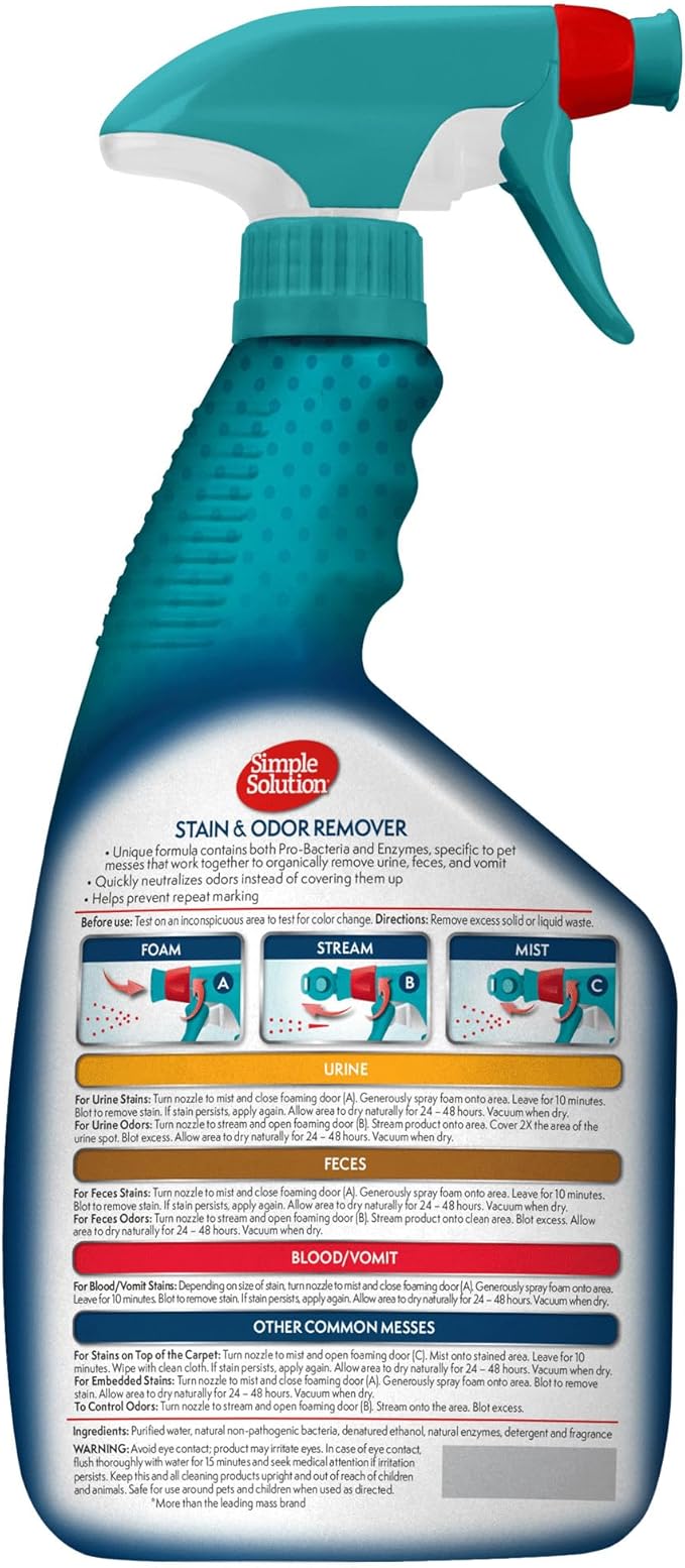 Simple Solution Stain & Odor Eliminator for Pets, Carpet Deodorizer, Enzyme Pet Odor Eliminator for Home, Stain Remover for Cat & Dog Pee, Urine Destroyer, Carpet Cleaner Spray, 32 oz-Mewly Pet
