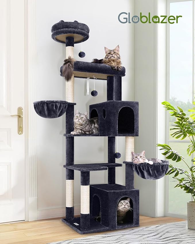Globlazer Heavy Duty Cat Tree Tower, 73in Tall Cat Tree for Indoor Cats Large Adult, Cat Condo for Large Cats with 5 Scratching Posts, 2 Cat Caves, 2 Padded Perches, 2 Hanging Baskets, F73, Dark Gray-Mewly Pet