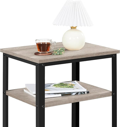 Yaheetech Tall End Table Set of 2, 18x14x29.5 inch Industrial Side Table with Strong Wooden Shelves, 2PCS Slim 3-Tier Telephone Table with Metal Frame for Living Room, Small Places - Gray
