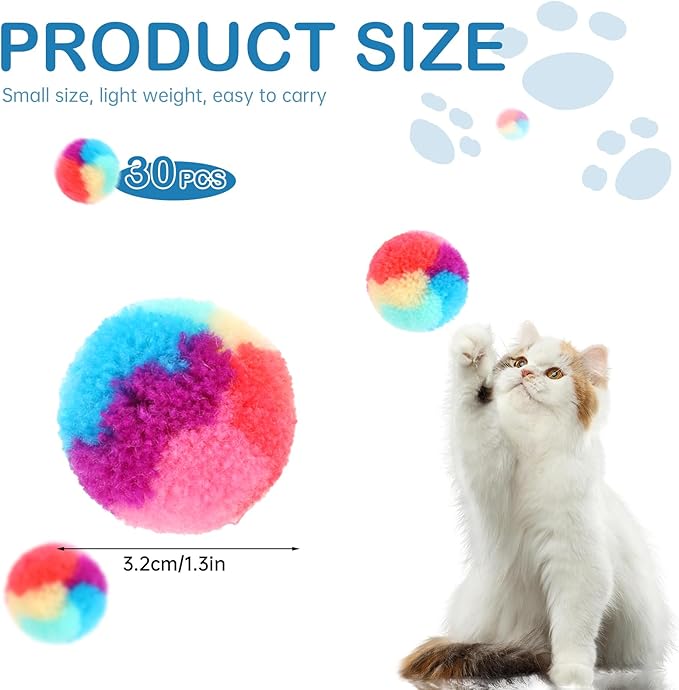 30 Pcs Soft Plush Cat Ball 1.2-inch Rainbow Cat Toy Balls Fuzzy Kitty Balls Kitten Puff Balls Colorful Cat Pom Pom Balls for Cat Kitten Pet Playing Exercising-Mewly Pet