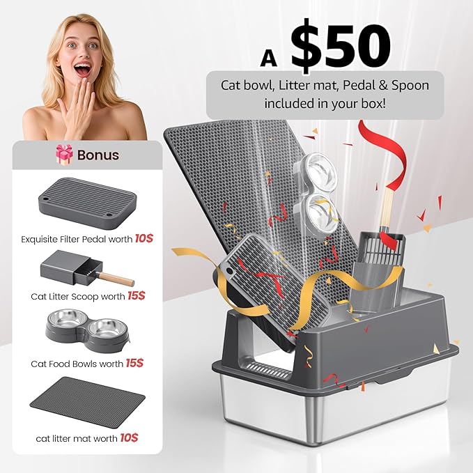 Stainless Steel Cat Litter Box - Enclosed XL Metal Kitty Litter Box with Lid for Big Cats, High Sided, Anti-Leakage, Easy Cleaning, Non-Sticky, Included Litter Mat, Cat Bowl & Spoon-Mewly Pet