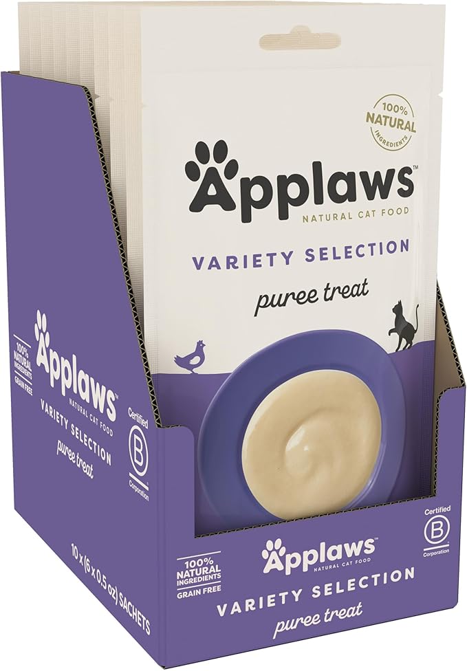 Applaws Lickable Cat Treats, Natural Grain-Free Purée, Limited Ingredient, Variety of Chicken, Tuna, & Salmon Squeeze Up Cat Treats (60 x 0.5 oz Sachets)-Mewly Pet