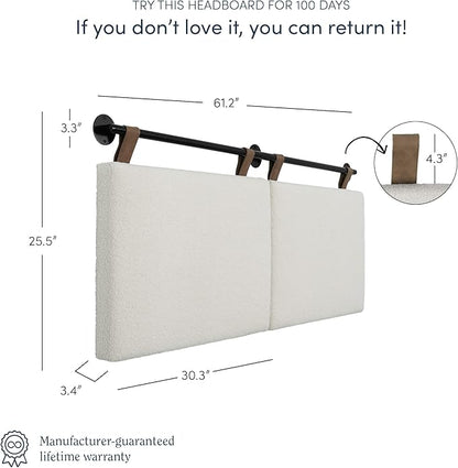 Nathan James Charlie Wall Mount Hanging Upholstered Headboard, Queen, White Boucle with Brown Faux Leather Straps