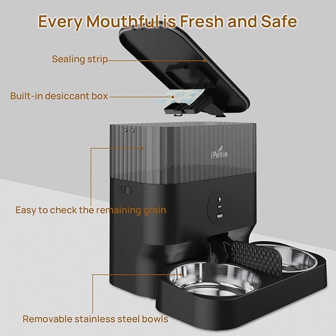 iPettie Automatic WiFi Pet Feeder for 2 Pets, 5L Capacity, 1-10 Meals Per Day, Adjustable Bowl Height, Smart Dog Cat Feeder with 2 Stainless Steel Bowls, 2.4G WiFi App Control for Cats and Small Dogs-Mewly Pet