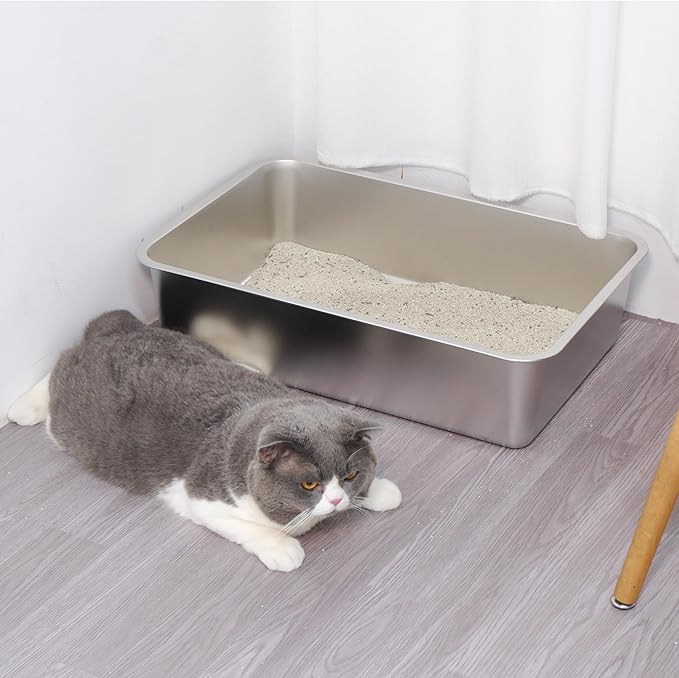 Stainless Steel Litter Box 2 Pack-XLarge Metal Litter Box-High Sided Cat LitterBox for Adult Big Cats, Stainless Steel Cat LitterBoxe 6IN Deep- Easy to Clean,Non Stick, No Smell-Mewly Pet
