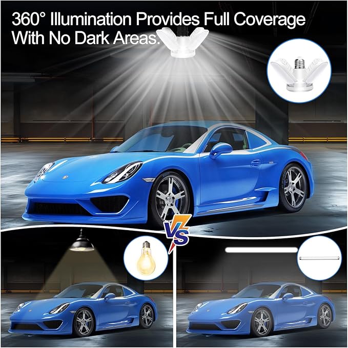 4Pack LED Garage Light Bulb, Mini 50W LED Garage Ceiling Lights 4+1 Adjustable Panels,5000Lumen Garage LED Light Bulb,E26 6500K Daylight LED Shop Lights for Garage,Kitchen,Living Room,Attic Light