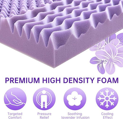 MUXHOMO 3-Inch King Mattress Topper, 7-Zone Egg Crate Foam for Back Pain Relief, Cooling Gel-Infused Lavender Bed Pad, CertiPUR-US & Oeko-TEX Certified