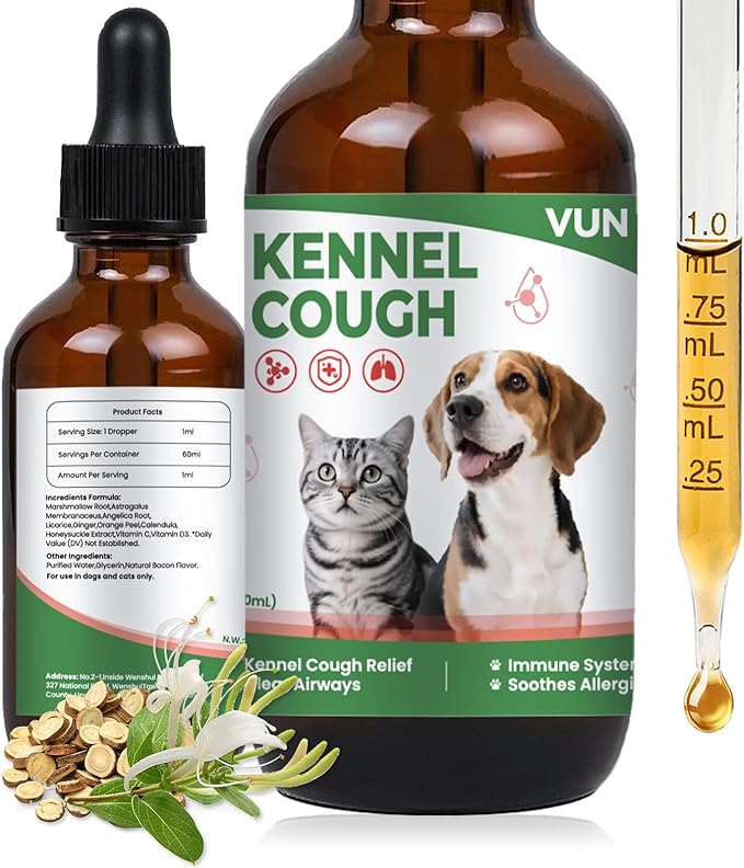 Kennel Cough Treatment Drop for Dogs &Cats,Help Wet and Dry Cough Relief,Seasonal Throat Discomfort, Natural Herbal Cough Liquid with Licorice,Ginger for All Breeds & Sizes,2 fl oz Bacon Flavor-Mewly Pet