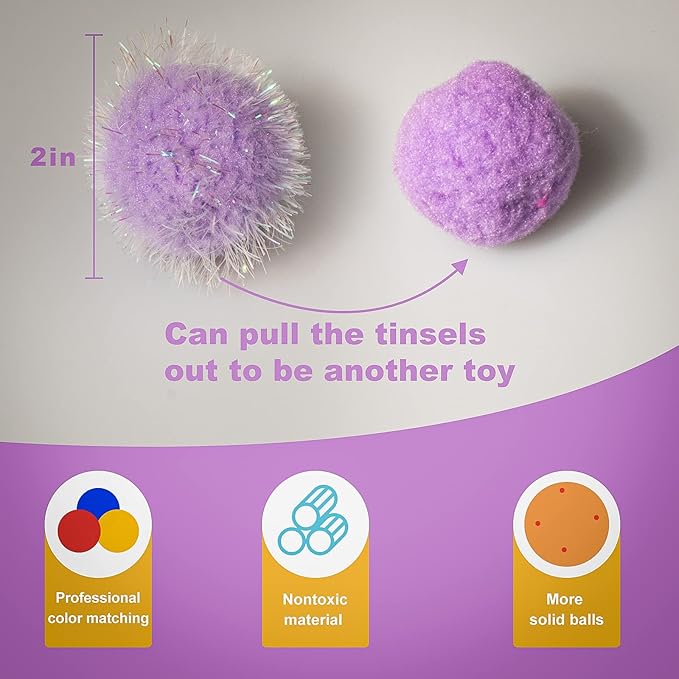 VAPKER 30 Pcs Cat Ball Toys Sparkle Balls Extra Large 2 Inch Cat's Favorite Chase Glitter Ball Glitter Tinsel Pom Poms Balls Purple Color-Mewly Pet