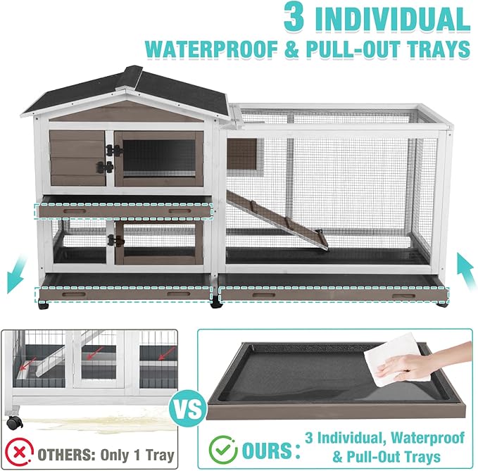 62" Rabbit Hutch with Chew-Proof Ramp & Waterproof Roof - Indoor/Outdoor Bunny Cage, 2-Story Design, 6 Lockable Caster Wheels & Dual Pull-Out Trays (Brown)-Mewly Pet
