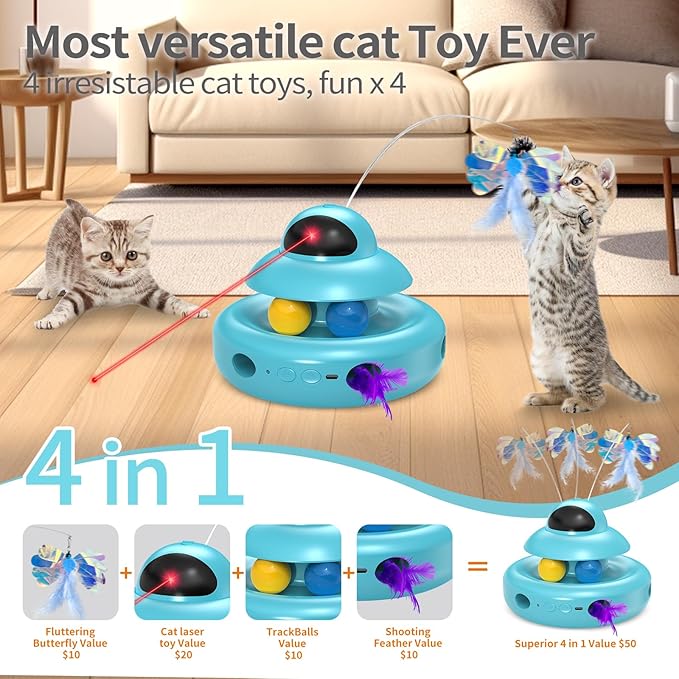 Cat Toys,4-in-1 Automatic Kitten Toy for Bored Indoor Adult Cats,lectric Flying Butterfly,Whack a Mole,Feather Track Balls,Blue-Mewly Pet
