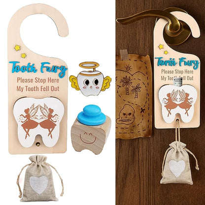 4Pcs Tooth Fairy Door Holder - Wooden Door Hanger Gift Set with Keepsake Box and Bag & Reward Badge, Gifts and Bedroom Decorations Suitable for Lost Teeth Girls and Boys