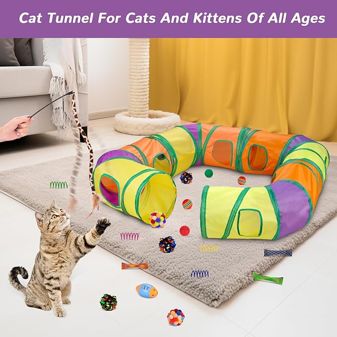 Retro Shaw Cat Tunnels with Cat Toys Pack, Interactive Kitten Toys for Indoor Cats Kitty, Kitten Tube Tent Feather Wand Teaser Bell Fuzzy Ball Springs Mouse (25 Pcs Extra Large Cat Tunnel Toys Set)-Mewly Pet