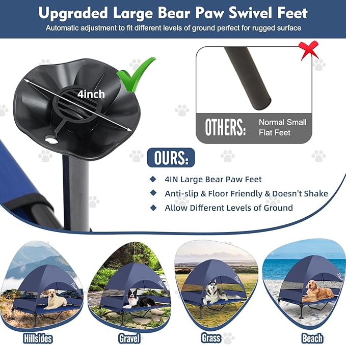 Upgraded Elevated Dog Bed with Canopy, Portable Raised Outdoor Dog Bed with Stable Anti-Slip Feet, Wider Shade Pet Bed Cot, Raised Dog Beds for Large Dogs Camping, Indoor & Outdoor Use-Mewly Pet