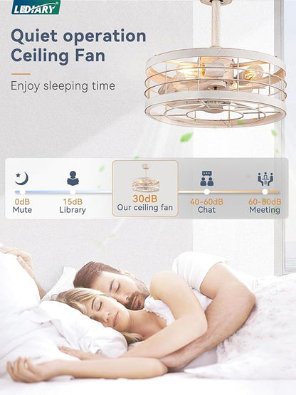 LEDIARY 16.5in Caged Ceiling Fan with Light, Fandelier Industrial Ceiling Fan with Remote, Rustic Metal Fan Lights Ceiling Fixtures for Kitchen, Farmhouse, Bedroom（6 Speed, Timing）-White and Gold