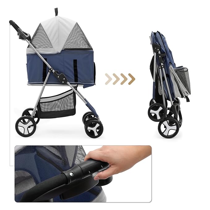 MoNiBloom 3 in 1 Foldable Pet Stroller for Small & Medium Dogs, Detachable Carrier, Car Seat, Push Button Entry, 4-Wheel Jogger for Pets up to 33 lbs, Navy Blue-Mewly Pet