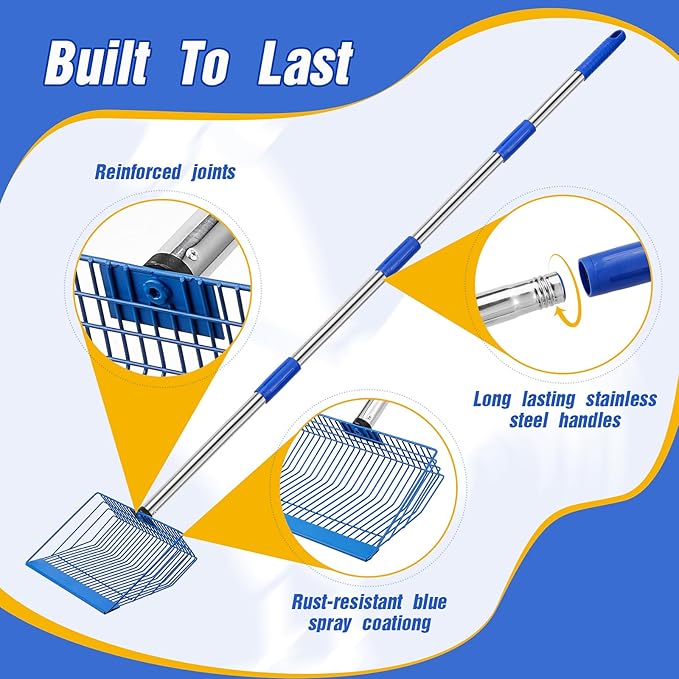 Large Chicken Poop Scooper, Heavy Duty Chicken Coop Scoop for Sand, 35" to 64" Adjustable Stainless Steel Handle, Multifunctional Sifting Shovel for Chicken Coop/Goat Stall/Stable Cleaning-Mewly Pet