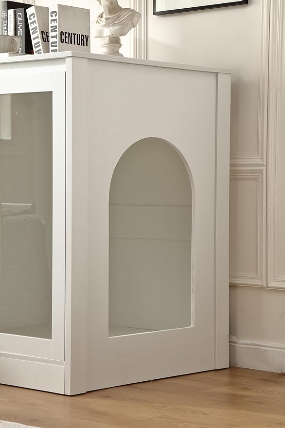 Cat Litter Robot Enclosure with Cat-Observant Glass Doors,Litter Robot Cabinet with Cozy LED for Cats,Reversible and Optional Entry(Left or Right),Power Outlet for More Choice, (White)-Mewly Pet