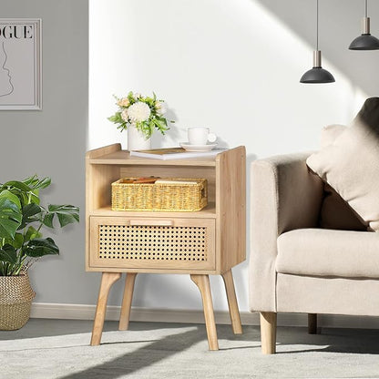 Lerliuo Rattan Nightstands Set of 2, Boho Side Table with Drawer Open Shelf, Cane Accent Bedside End Table with Solid Wood Legs for Bedroom, Dorm and Small Spaces (Natural)