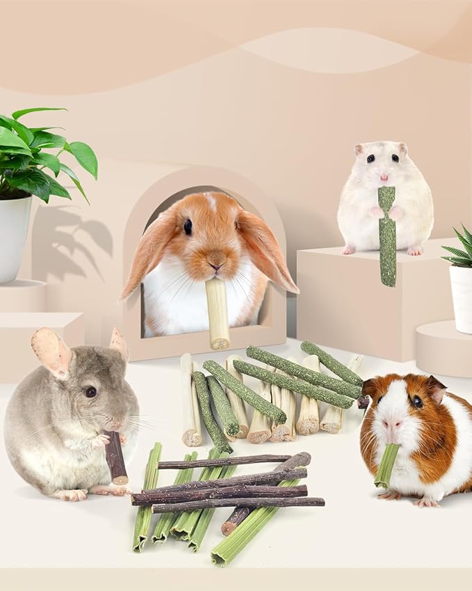 Bissap 60 PCS Rabbit Chew Sticks, Sweet Bamboo Timothy Hay Chew Stick Papaya Stems Apple Branch Bunny Chews for Rabbit Hamster Chinchilla Guinea Pig Small Pet Natural Molar Treats-Mewly Pet