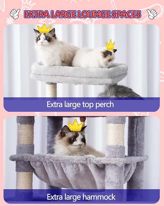Cat Tree, Cat Tower for Large Cats with 2 Big Platforms, 2 Baskets, condo and Toys, 63" Cat Scratching Posts for Indoor Cats, Light Gray GCT020W-Mewly Pet