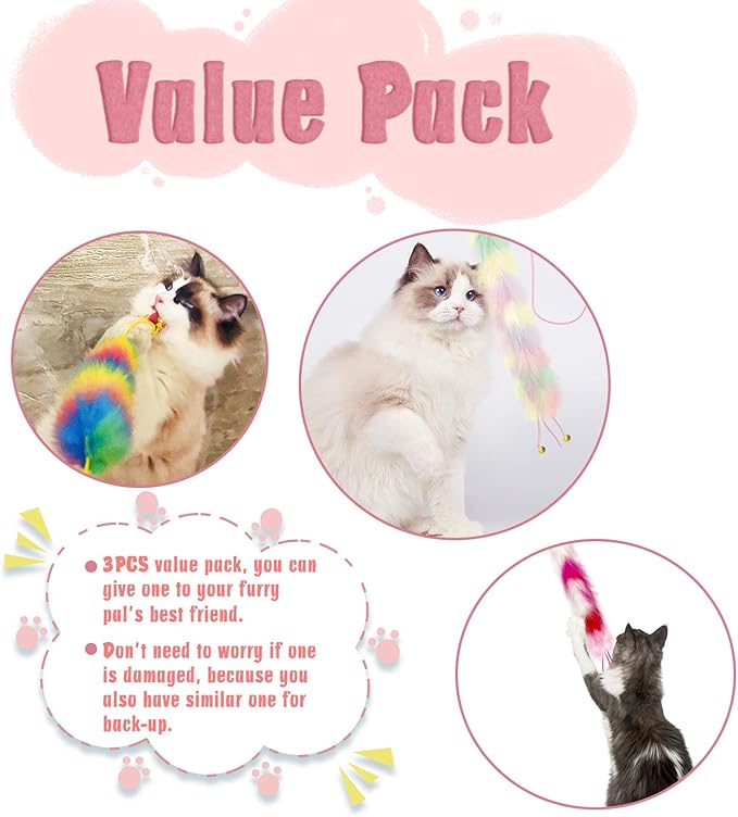 3 Pack Cat Wand Toy, Rainbow Cat Feather Toys with Bells, Teaser Wand with Soft Furry Tail, Interactive Toys for Indoor Cats & Kitten & Kitty-Mewly Pet