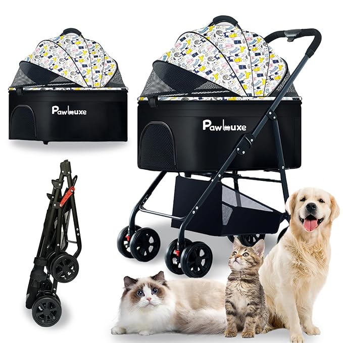 4 Wheels Pet Stroller 4 in 1 Pet Stroller with Detachable Carrier for Small & Medium Dogs Cats up to 55 lbs Easy-Folding Travel Dog Wagon with Car Seat Breathable Mesh,White Cartoon-Mewly Pet
