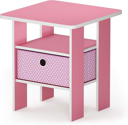 Furinno ANDREY Side Table, End Table, Night Stand with Open Shelves and Storage Bin, Bedside Table, for Living Room, Bedroom, Pink