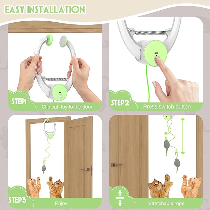 Cat Toy Interactive for Indoor Cats, Smart USB Rechargeable Door Hanging Automatic Retractable Kitten Toys, Teaser Electronic Self Play Feather Cat String Toy Attached with 3 Catnip Mice Green-Mewly Pet