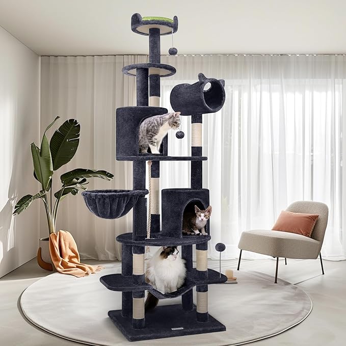 Globlazer Artistic Curved Cat Tower for Small Cats (Under 12 lbs), 81-inch Slim Design Cat Tree with Space-Saving Design, Indoor Cat Condo with Hammock & Tunnel, C81, Dark Gray, Non-Large Cats-Mewly Pet
