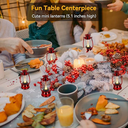 Red Mini Lanterns(12 Pcs-5.1in) with Flickering LED Candle Lights, Vintage Small Western Lanterns for Table Centerpiece, Indoor & Outdoor Christmas Tree Ornaments, Camping Party Decorations
