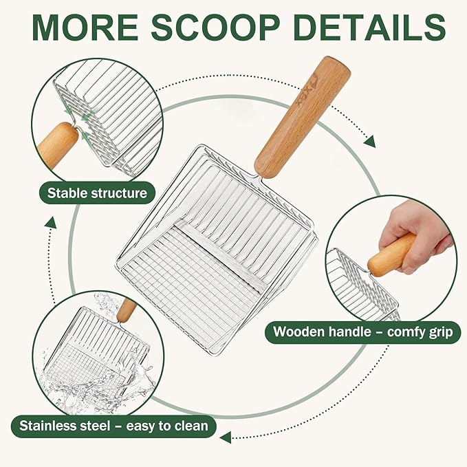 XBX Cat Litter Scoop with Holder, Heavy Duty Litter Sifter, Stainless Steel Litter Shovel, Litter Scooper with Beech Wood Grip and Washable Stand, Perfect for Cat Litter Box Cleaning-Mewly Pet