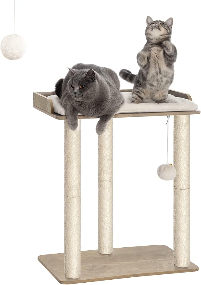 FourFurPets 26.7in Large Cat Tree Tower Condo, Cat Scratch Posts for Indoor Cats, Big Plate, Three 23.6in Full Sisal Scratching Posts, Greige-Mewly Pet