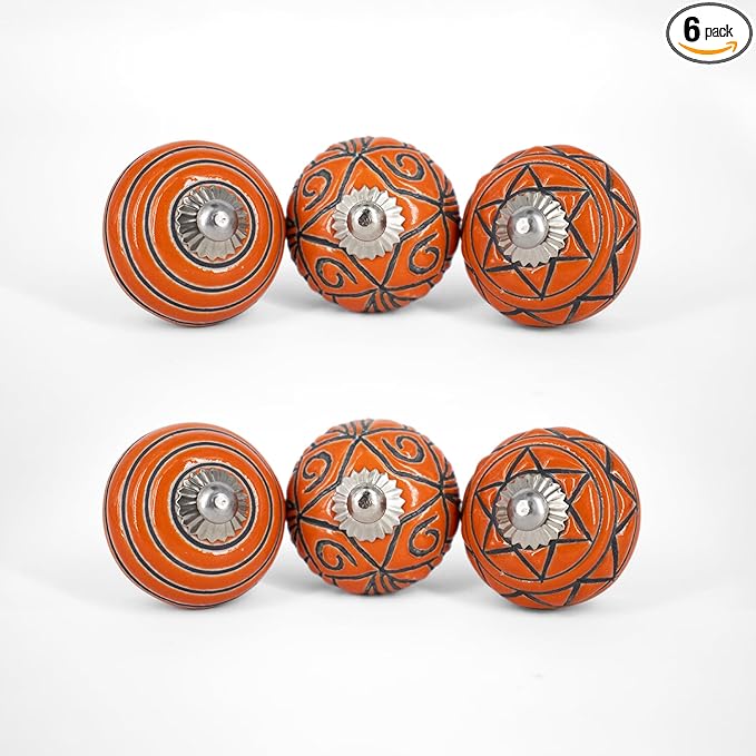 Handmade Dark Orange Ceramic Stone Cabinet Knobs, Vintage Decorative Drawer Pulls for Trendy Cabinets, Modern Dressers & Cupboards, Knobs for Kitchen & Furniture - Set of 6