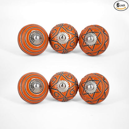 Handmade Dark Orange Ceramic Stone Cabinet Knobs, Vintage Decorative Drawer Pulls for Trendy Cabinets, Modern Dressers & Cupboards, Knobs for Kitchen & Furniture - Set of 6
