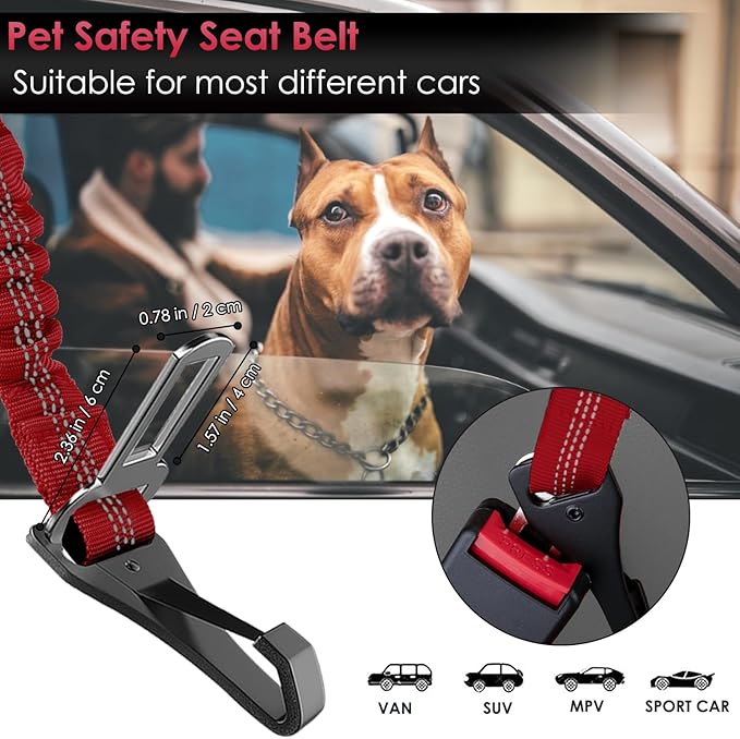 SlowTon Dog Seat Belt, Adjustable Dog Safety Belt Leash, 2 in 1 Latch Bar Attachment Dog Car Seatbelt with Elastic Nylon Bungee Buffer, Reflective Nylon Belt Tether(Red 35.5in)-Mewly Pet