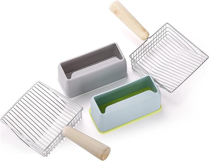 Hiceeden Set of 2 Cat Litter Scoop with Holder, Metal Kitty Litter Scoop Holder with Wooden Handle, Cat Poop Scooper for Kitten Litter Box, Fast Sifting, Gray and Blue-Mewly Pet