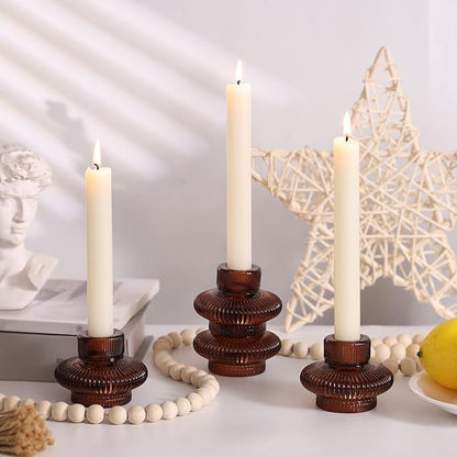 Taper Glass Candlestick Holders Tealight Candle Holders for Table Centerpieces, Fall Wedding Decor and Dinner Party Halloween Thanksgiving Decor (8 Pcs, Brown)