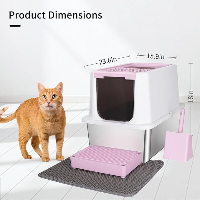 RIZZARI Stainless Steel Cat Litter Box, Odorless Enclosed Litter Box with Top Holes, Large Litter Pan for Small to Large Sized Cats (Dark Pink, 24" L*16" W*18" H)-Mewly Pet