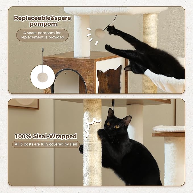 PEQULTI 57.5" Cat Tree with Litter Box Enclosure Large, Wood Cat Tower for Indoor Cats with Storage Cabinet and Cozy Cat Condo, Sisal Covered Scratching Post and Repalcable Dangling Balls, Brown-Mewly Pet