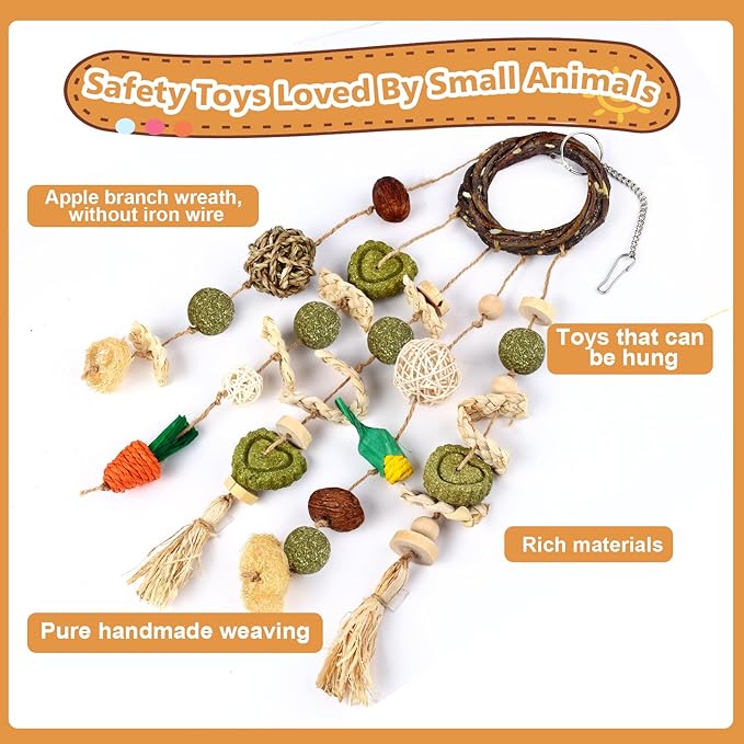 VESPRO Bunny Chew Toys, Rabbit Cage Hanging Chewing Toy and Treats Snack Ring, for Rabbits Chinchilla Guinea Pig Hamsters Grinding Teeth with Other Small Pets, Natural Materials Handwoven (5 Strings)-Mewly Pet